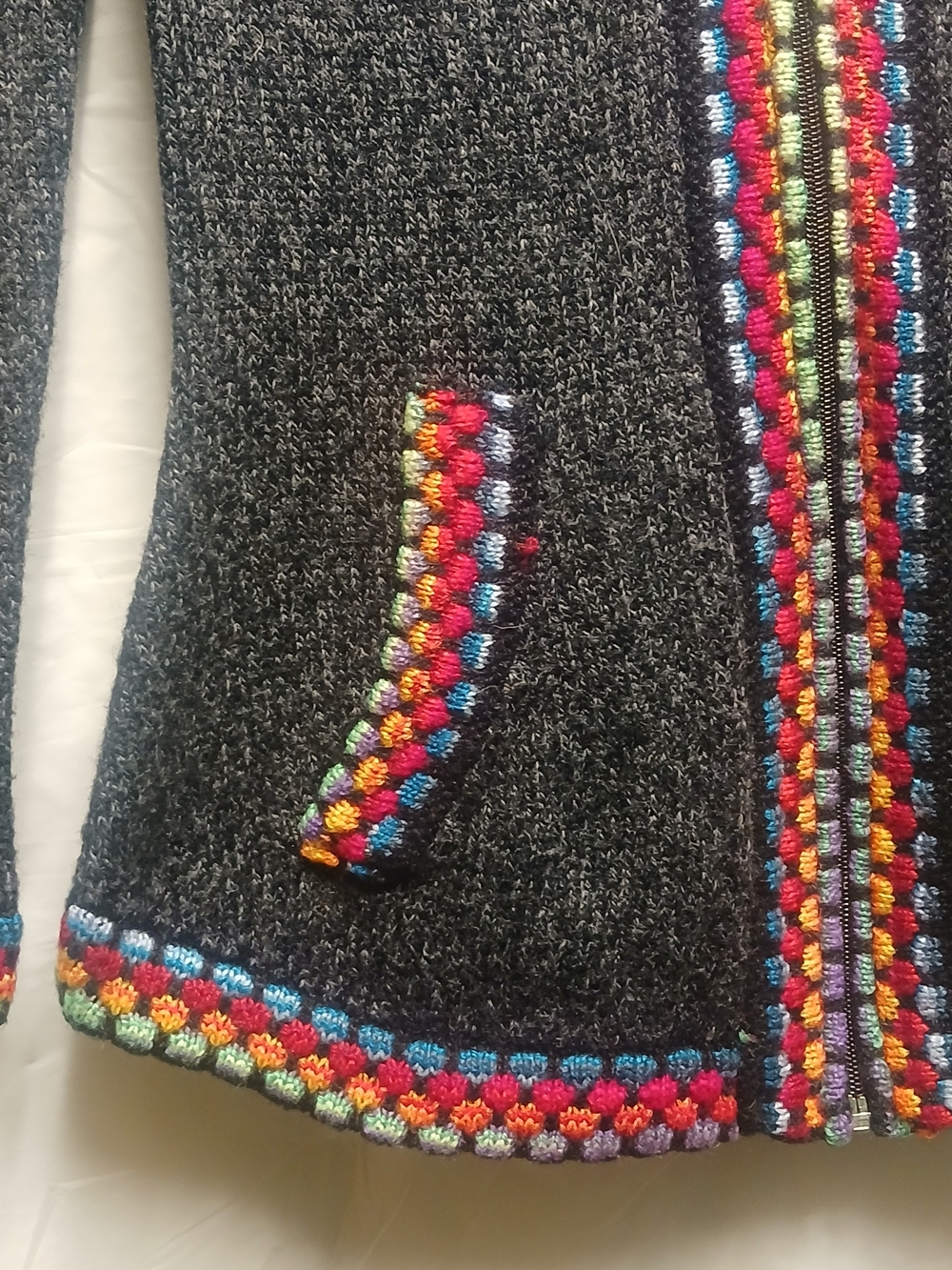 Charcoal Hooded Zip Front Sweater with Multicolor Fair Isle Trim - Picture 6 of 11